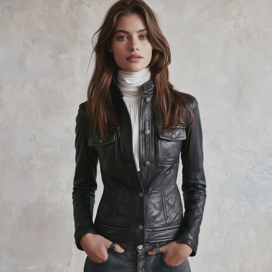 Women's Stand Neck Slim-Fit Faux Leather Jacket