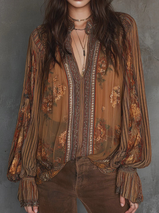 Vintage Boho Sheer Floral Blouse With Billowy Sleeves