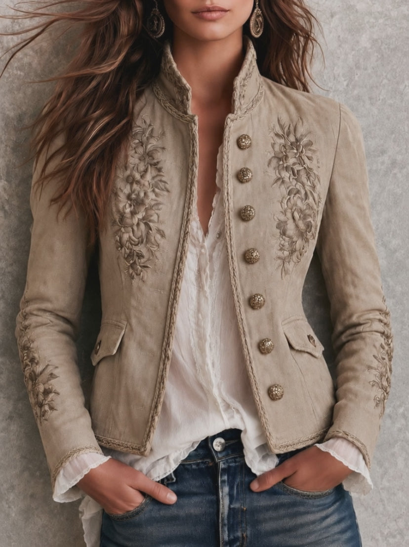 Retro Beige Stand Collar Floral Embroidery Braided Trim Jacket