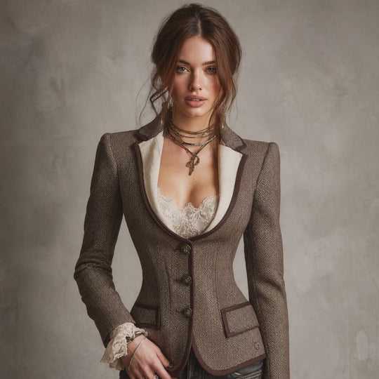Elegant Classic Brown Herringbone Tweed Fitted Blazer with Contrast Lapel