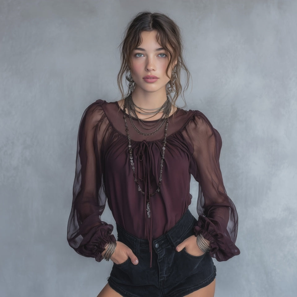 Vintage Sheer Chiffon Puff Sleeve Blouse with Tie Neck