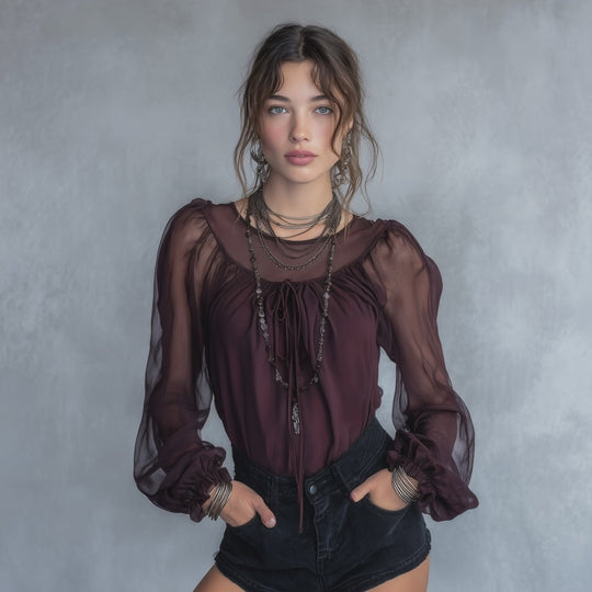 Vintage Sheer Chiffon Puff Sleeve Blouse with Tie Neck