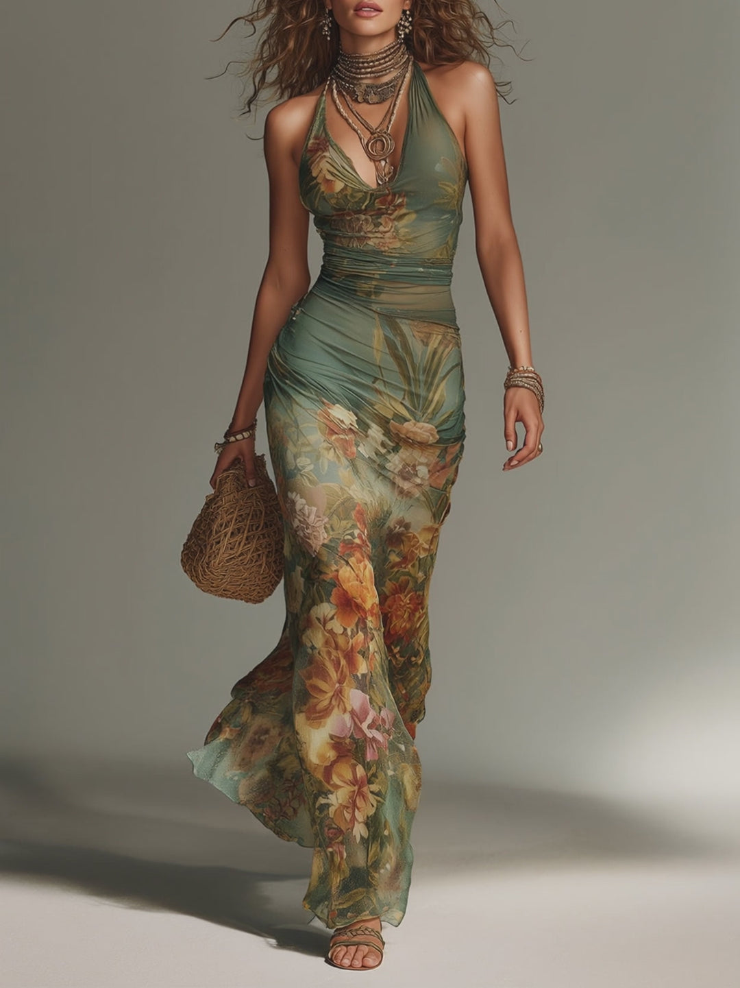 Retro Oil Painting Floral Print Slim-Fit Mesh Maxi Dress