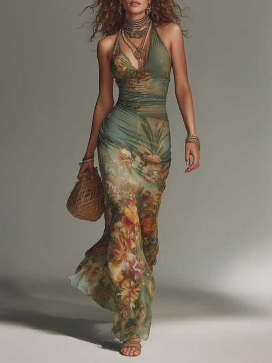 Retro Oil Painting Floral Print Slim-Fit Mesh Maxi Dress