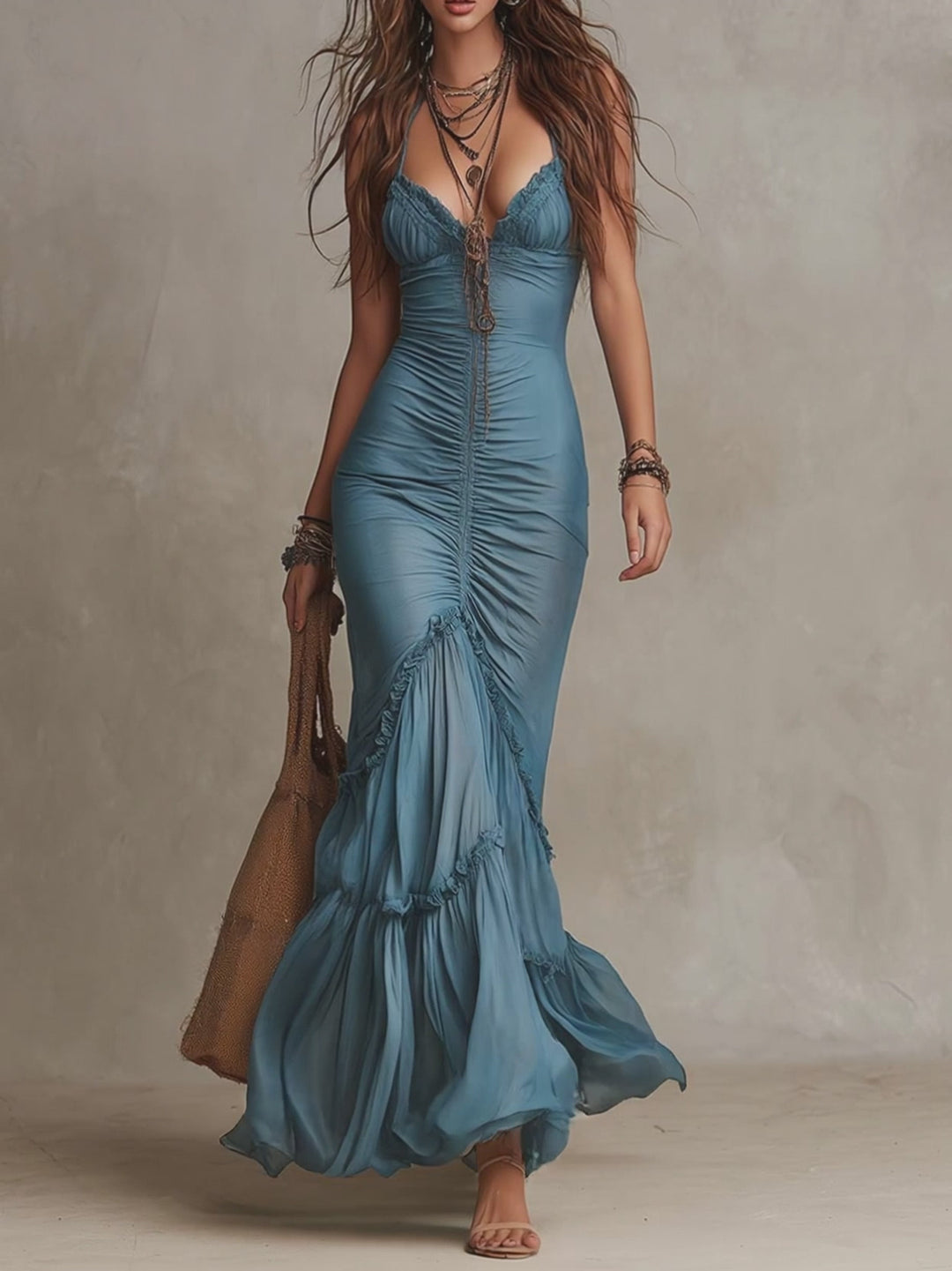 Bohemian Chiffon Spaghetti Strap Ruched Mermaid Maxi Dress