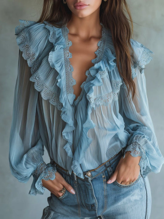 Retro Sky Blue  Lace Trim Pleated Chiffon Ruffle Blouse