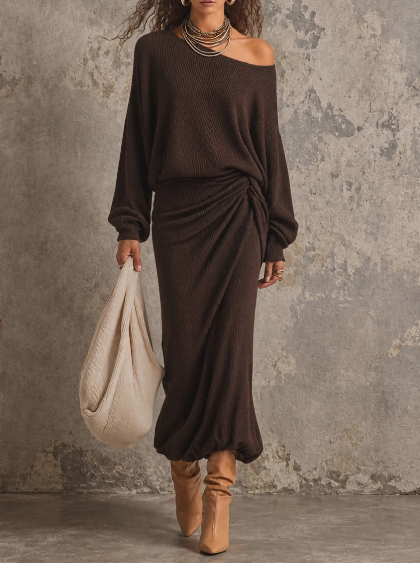 Vintage Ribbed Knit One-Shoulder Batwing Sleeve Ruched Midi Dress