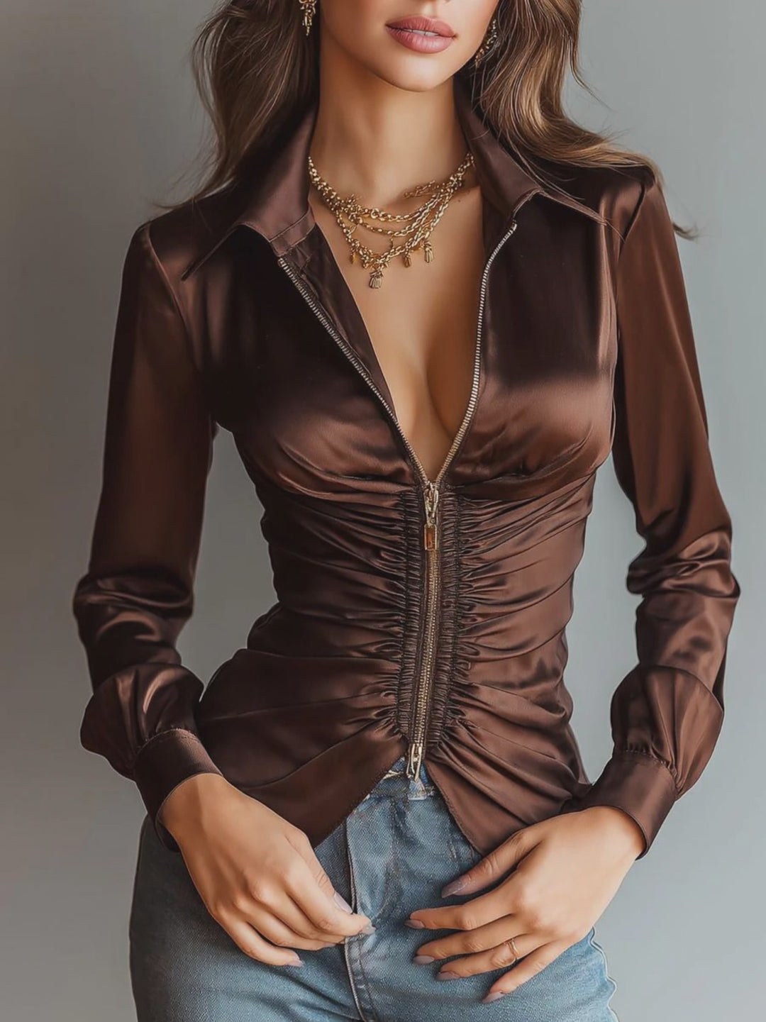 Luxe Mocha Satin Ruched Zip-Up Blouse