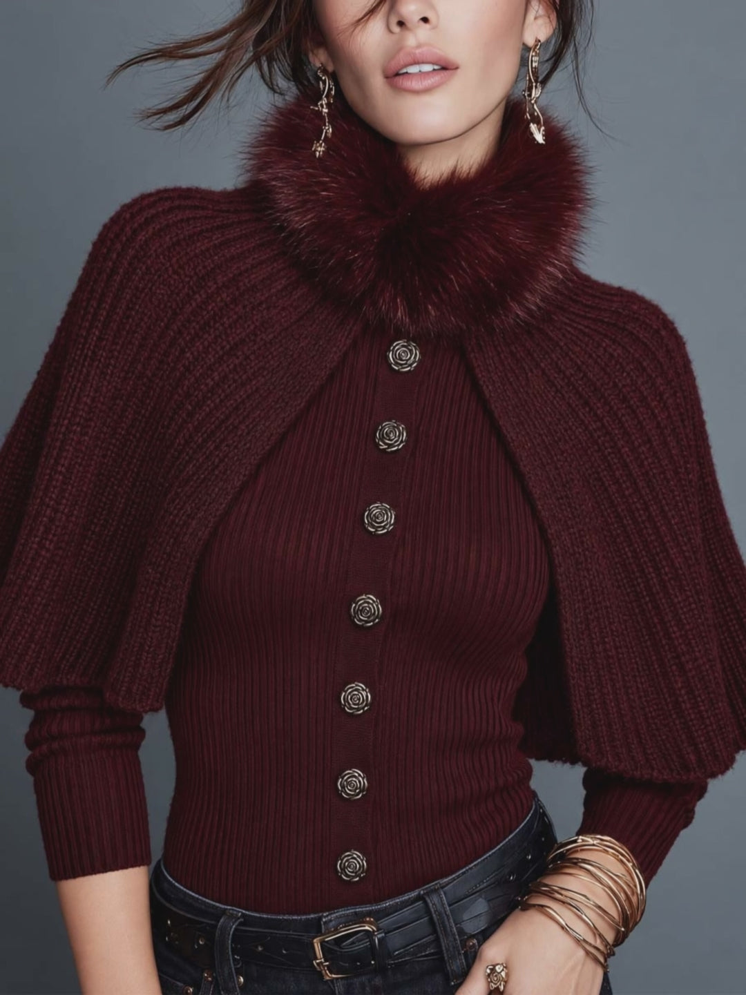 Two-piece Set Of Faux Fur Collar Batwing Sleeve Ribbed Knit Cape Cardigan With Rose Buttons