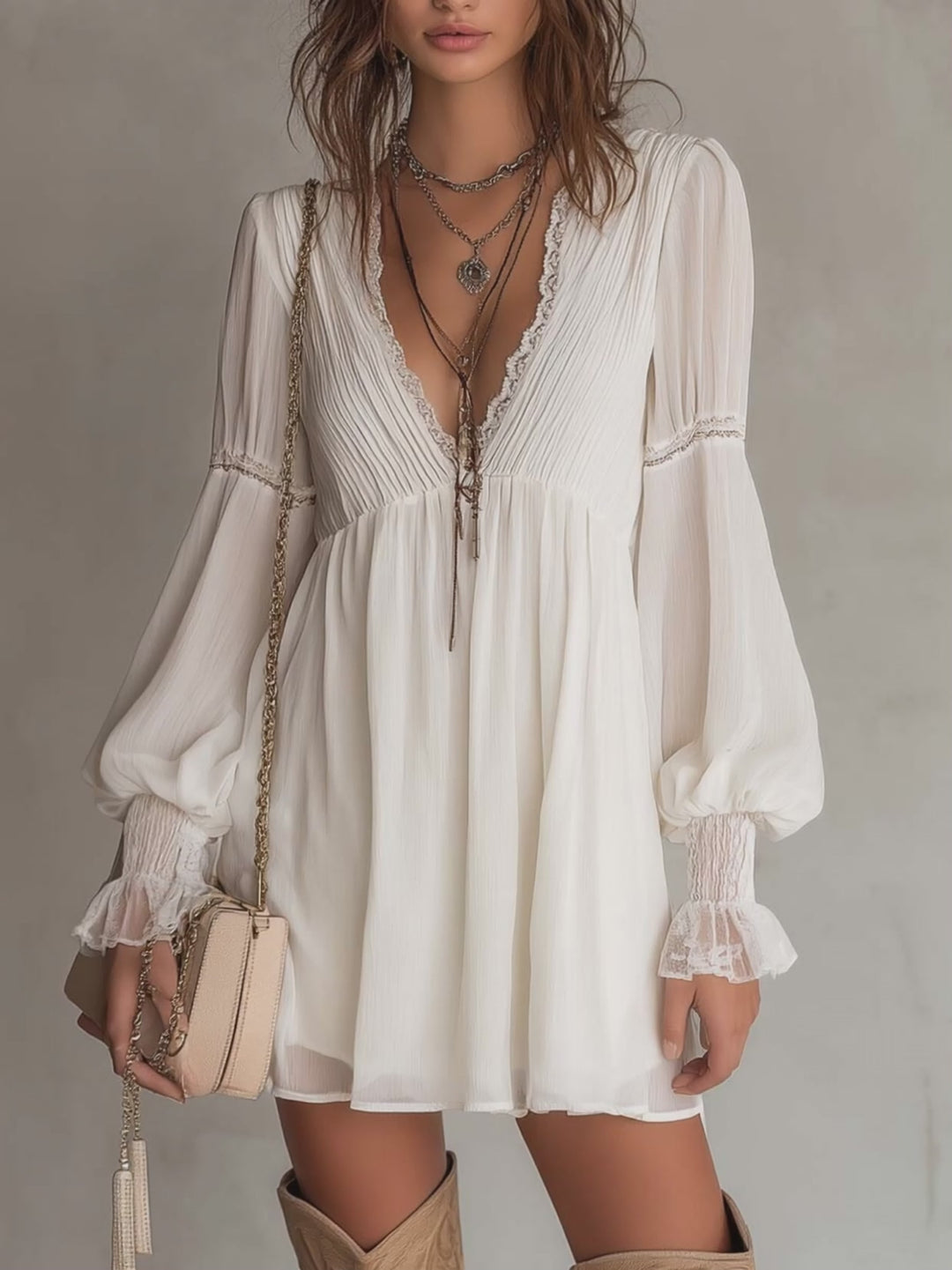 Retro Pleated-Bust Chiffon Mini Dress