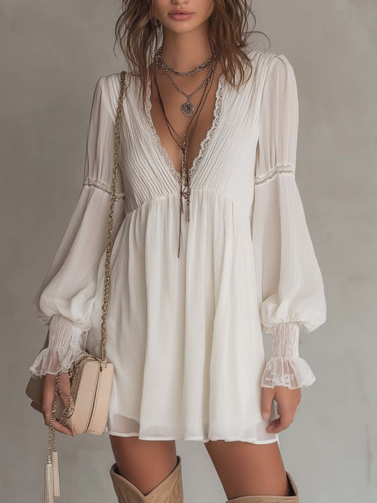 Retro Pleated-Bust Chiffon Mini Dress