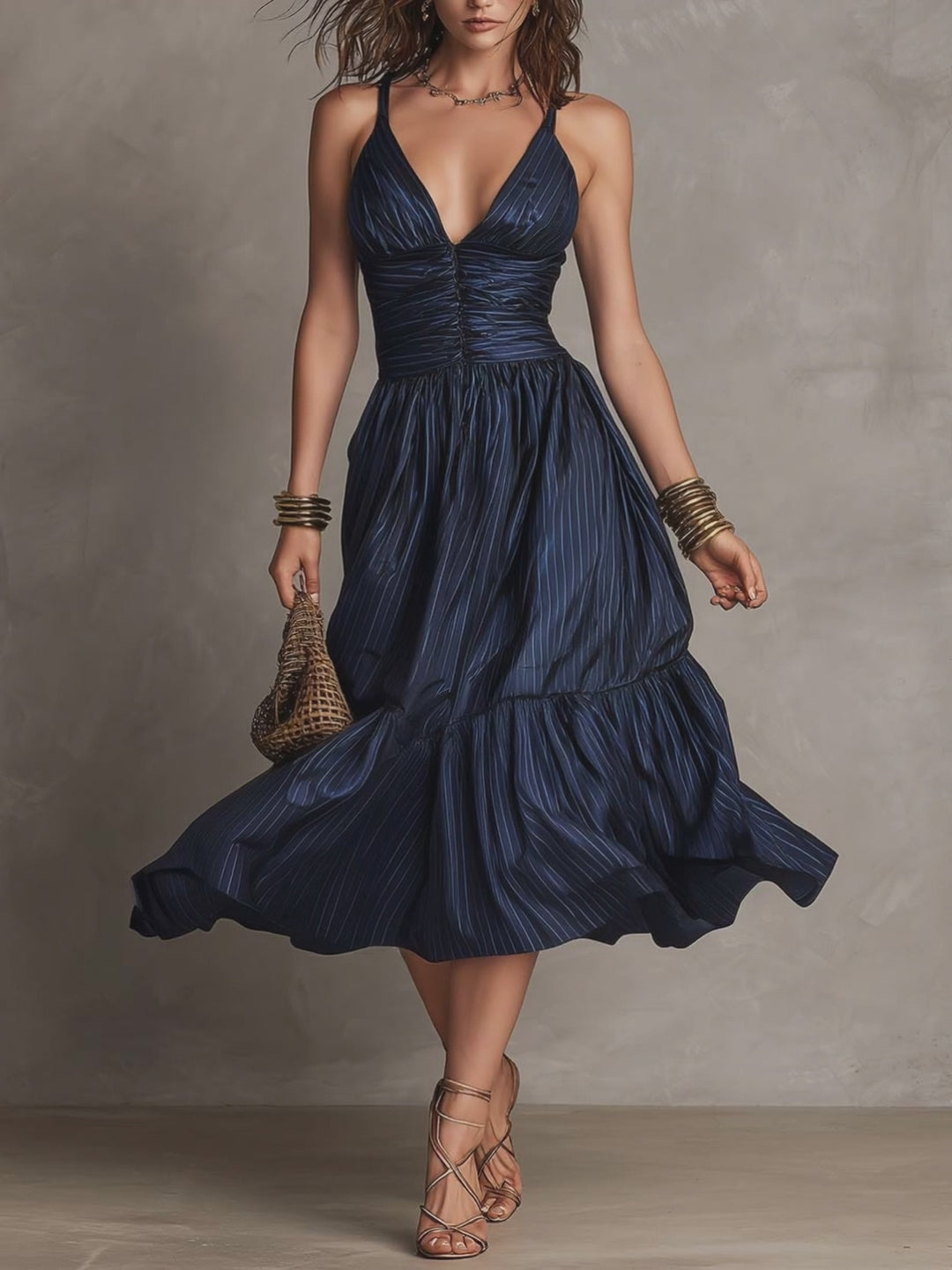 Vintage Boho Striped Ruched Midi Dress