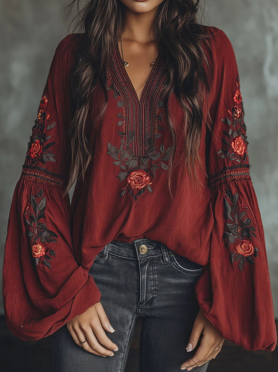 Vintage Red Embroidered Lantern Sleeve Boho Blouse