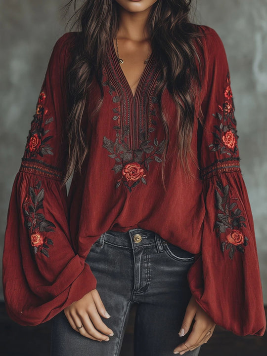 Vintage Red Embroidered Lantern Sleeve Boho Blouse