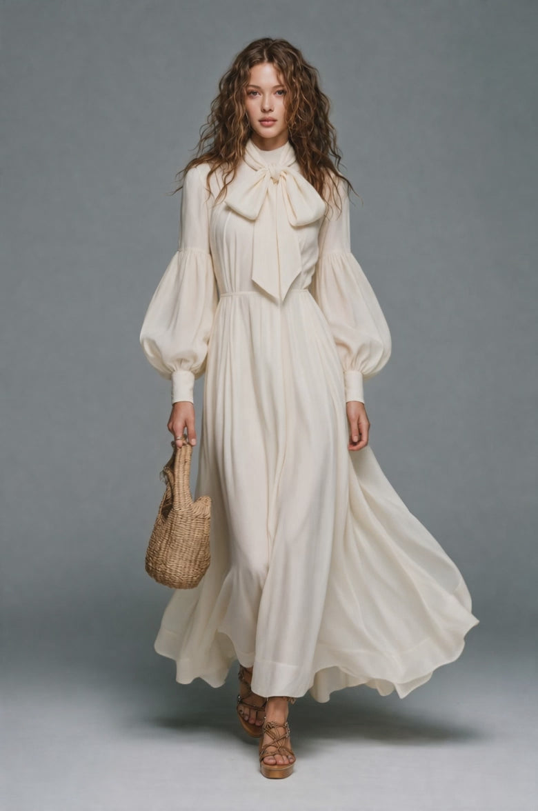 Bishop Sleeve Bow-Tie Neck Maxi Dress
