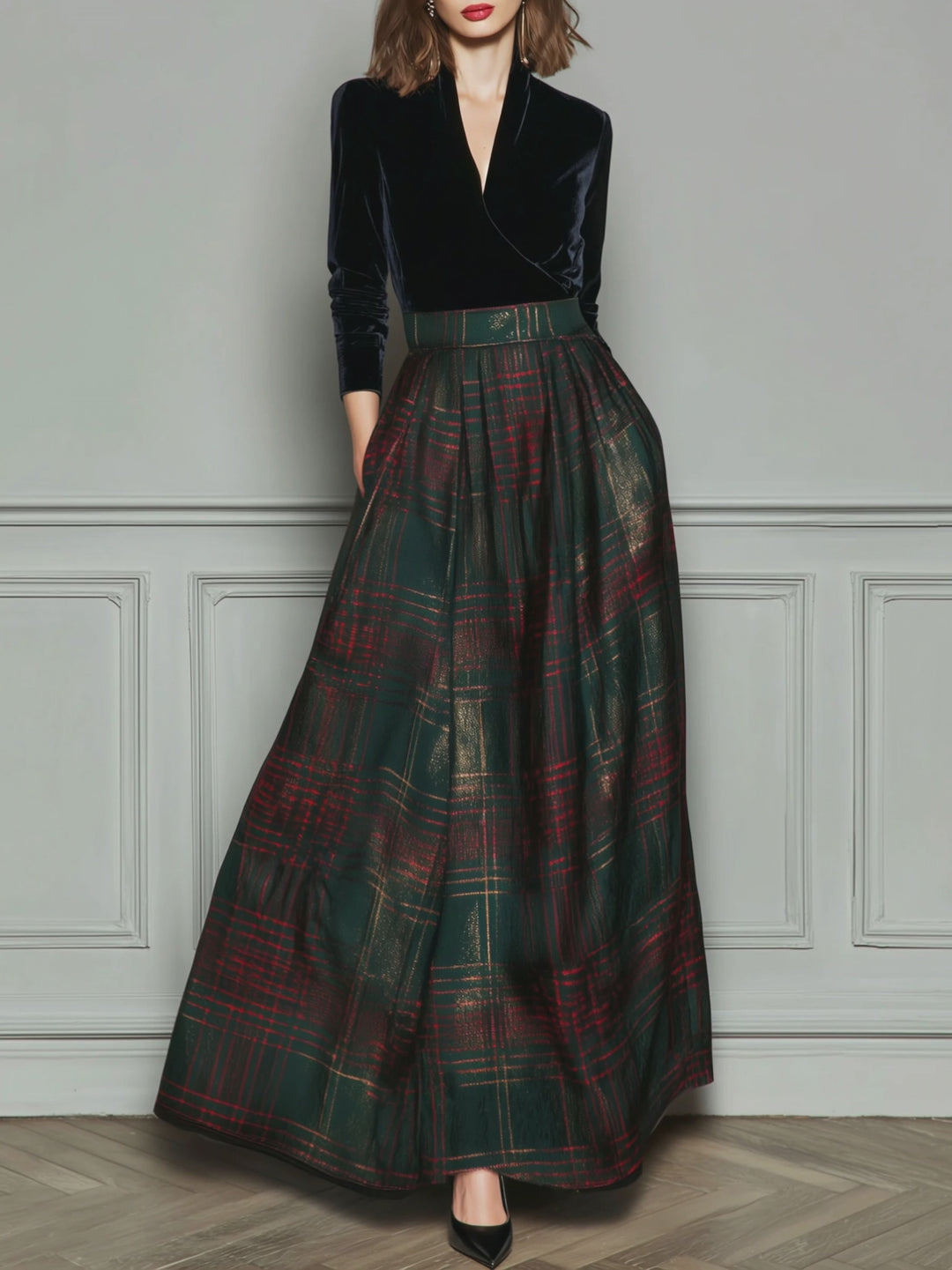 Elegant High Waist Velvet And Plaid Evening Gown With Full Skirt
