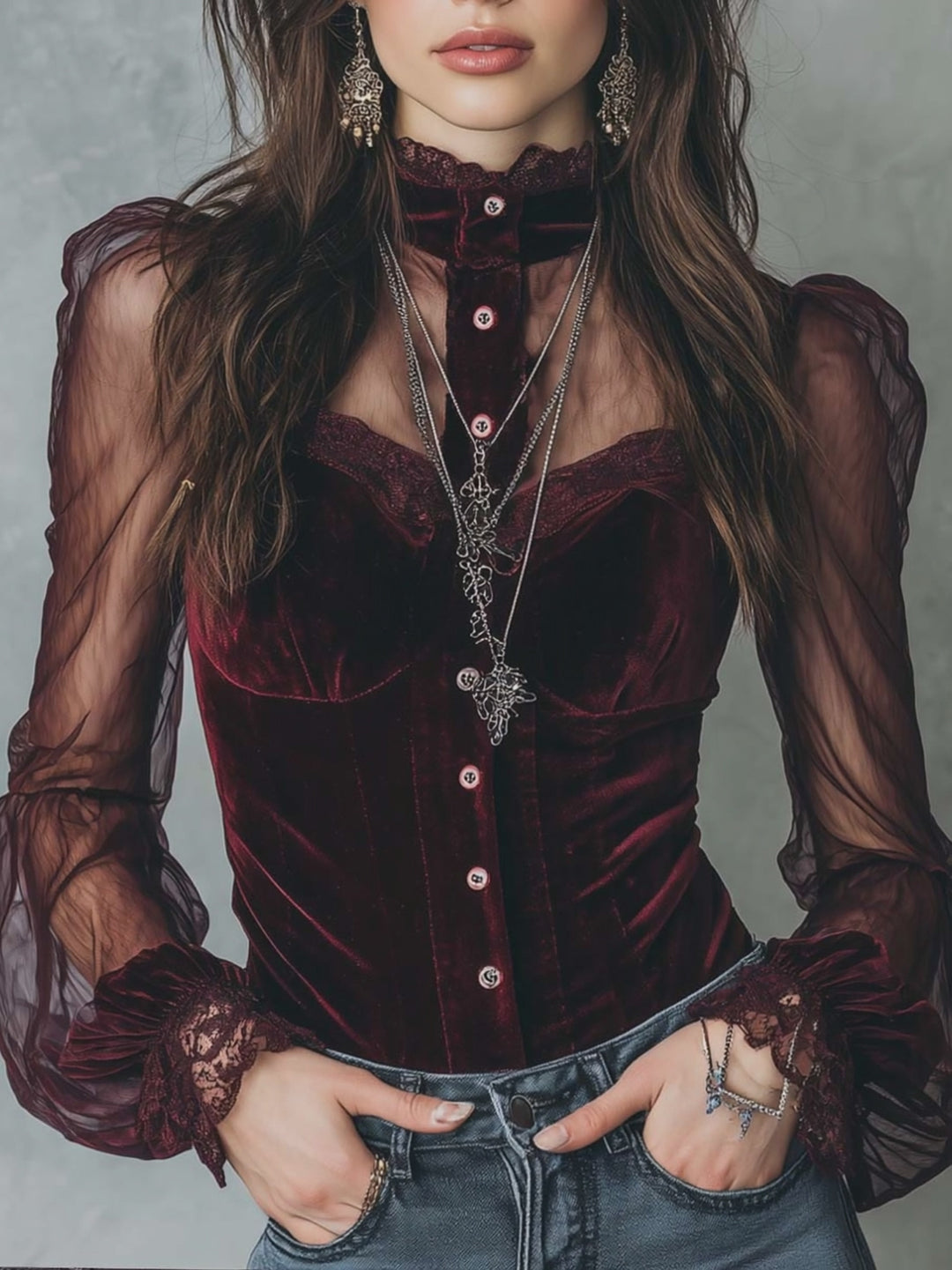 Retro Sheer Sleeves Polyester Velvet Blouse