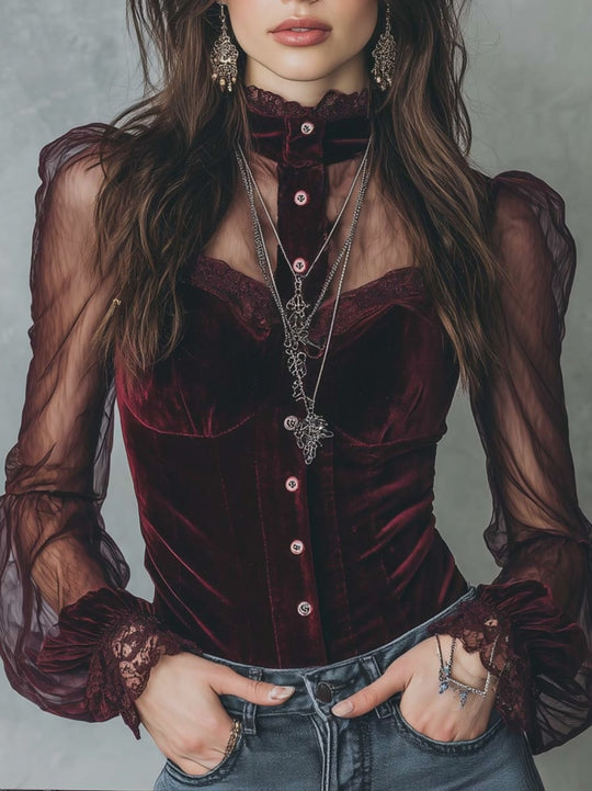 Retro Sheer Sleeves Polyester Velvet Blouse