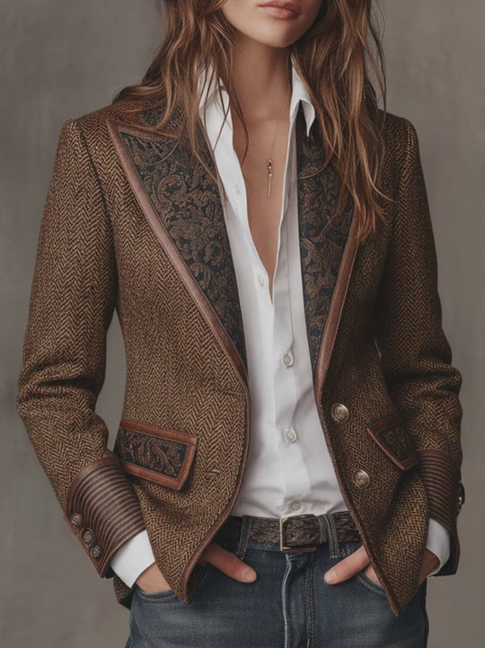 Herringbone Tweed Blazer With Printed Panels