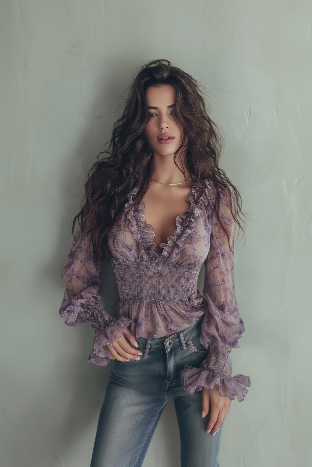 Romantic Lavender Floral Ruffled Chiffon Blouse With Smocked Waist