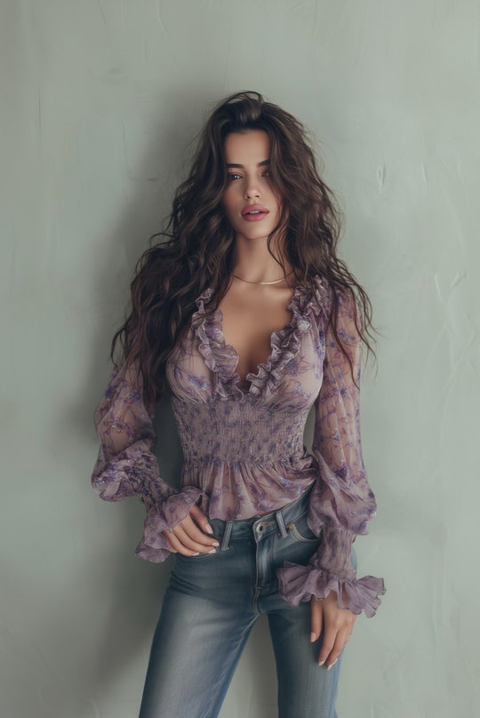 Romantic Lavender Floral Ruffled Chiffon Blouse With Smocked Waist