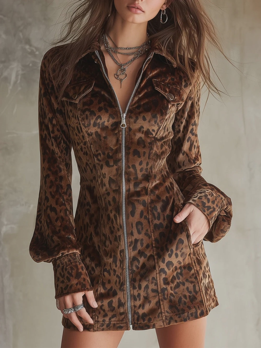 Retro Short Velvet Leopard Print Lantern Sleeve Mini Dress