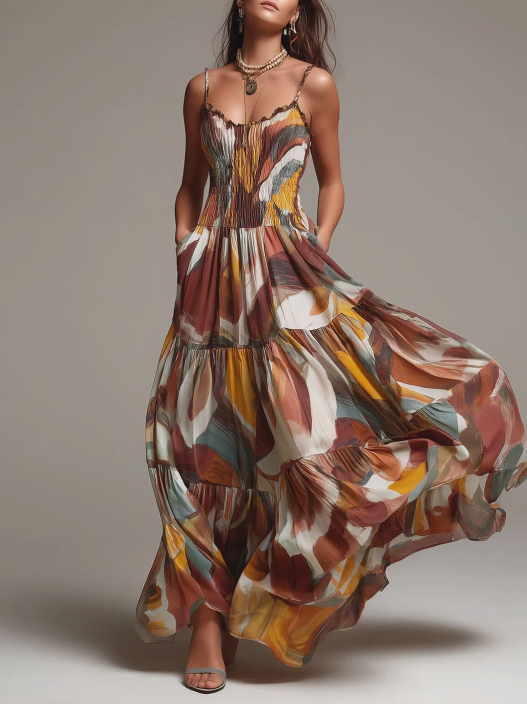 Boho Abstract Multicolor Smocked Bodice Maxi Dress