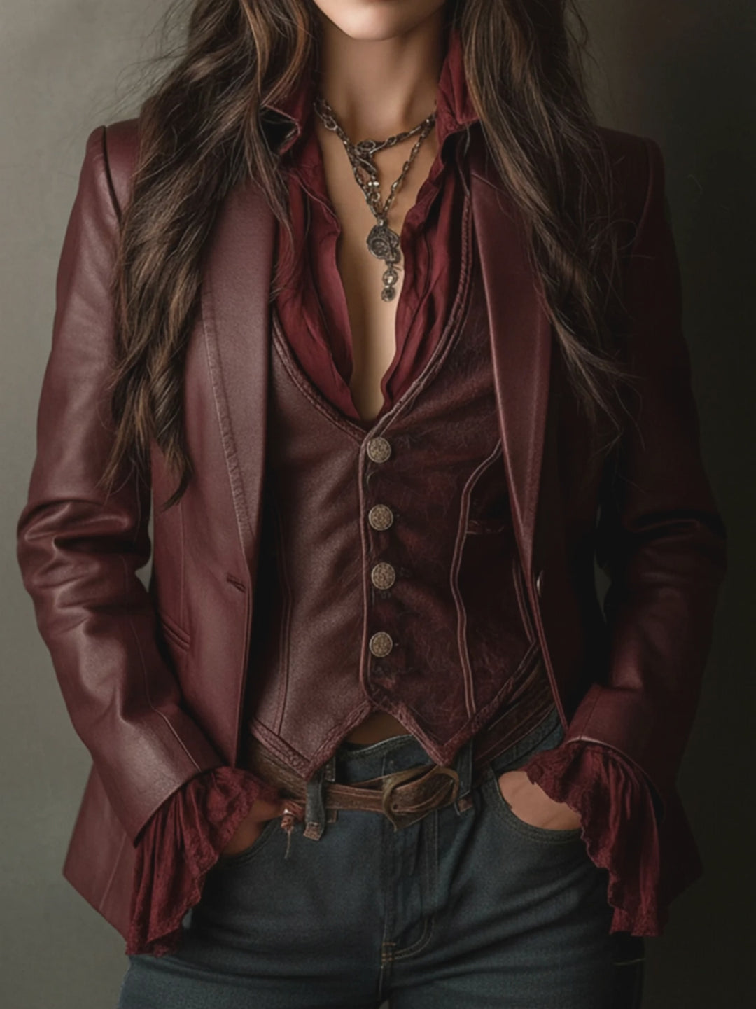 Vintage Burgundy Eco Leather Blazer