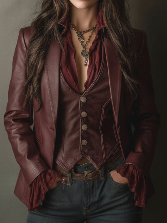 Vintage Burgundy Eco Leather Blazer