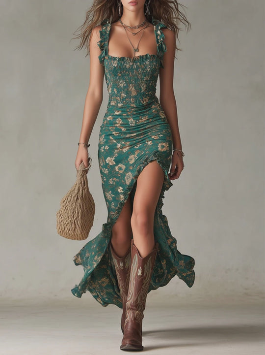 Boho Retro Ruffled Sleeves High Slit Maxi Dress