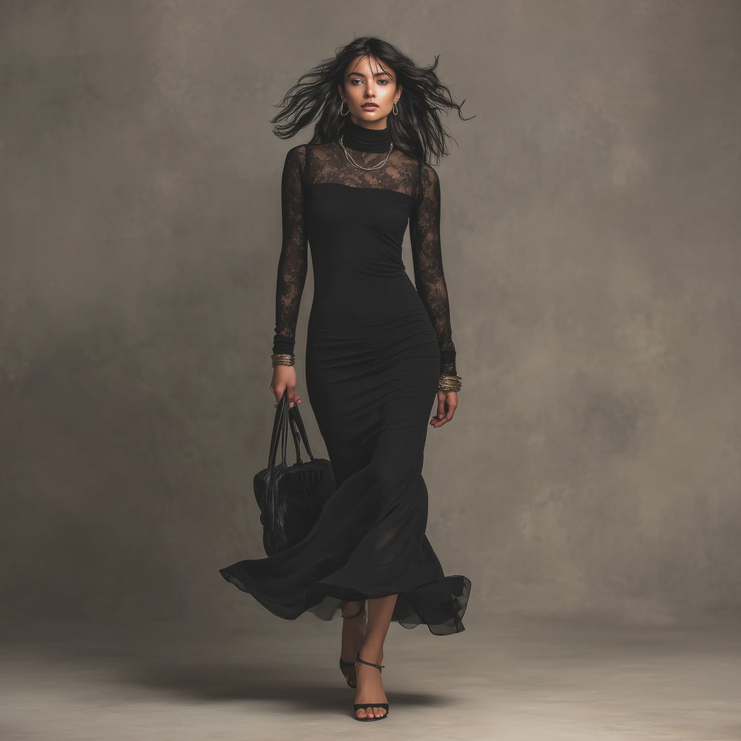 Elegant Lace Splice Long Sleeve Turtleneck Bodycon Maxi Dress