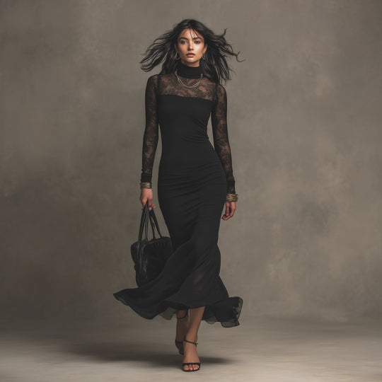 Elegant Lace Splice Long Sleeve Turtleneck Bodycon Maxi Dress