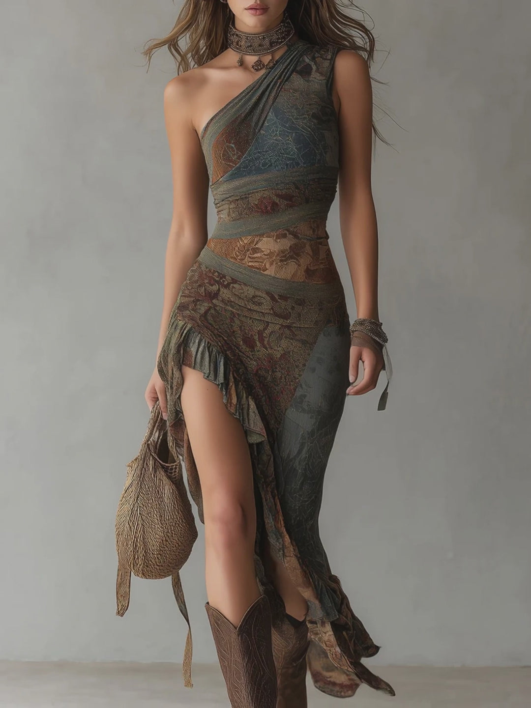 Retro Ethnic Style Printed One-shoulder High Slit Maxi Dress