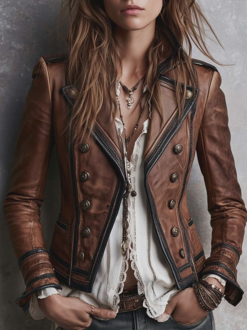 Women's Vintage Military Style Contrast Trim Faux Leather Jacket