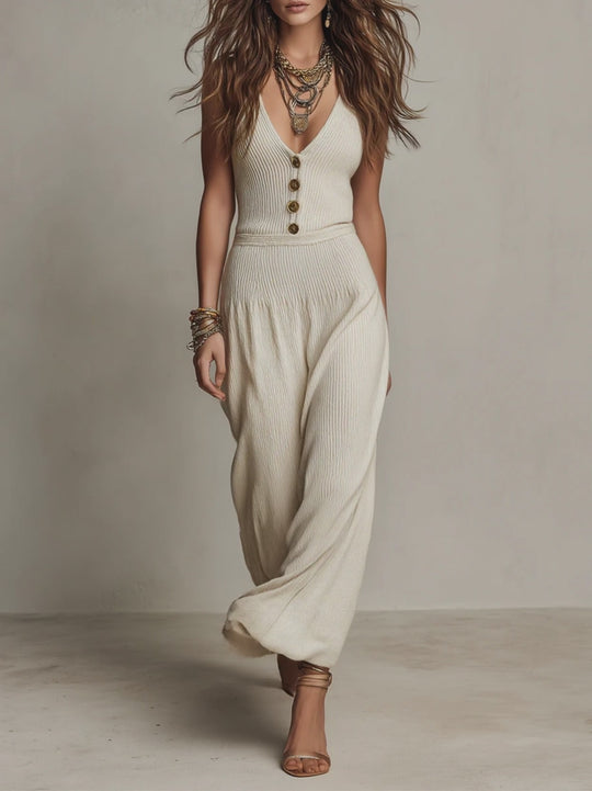 Vintage Knitted Button-down Sleeveless Wide-leg Jumpsuit