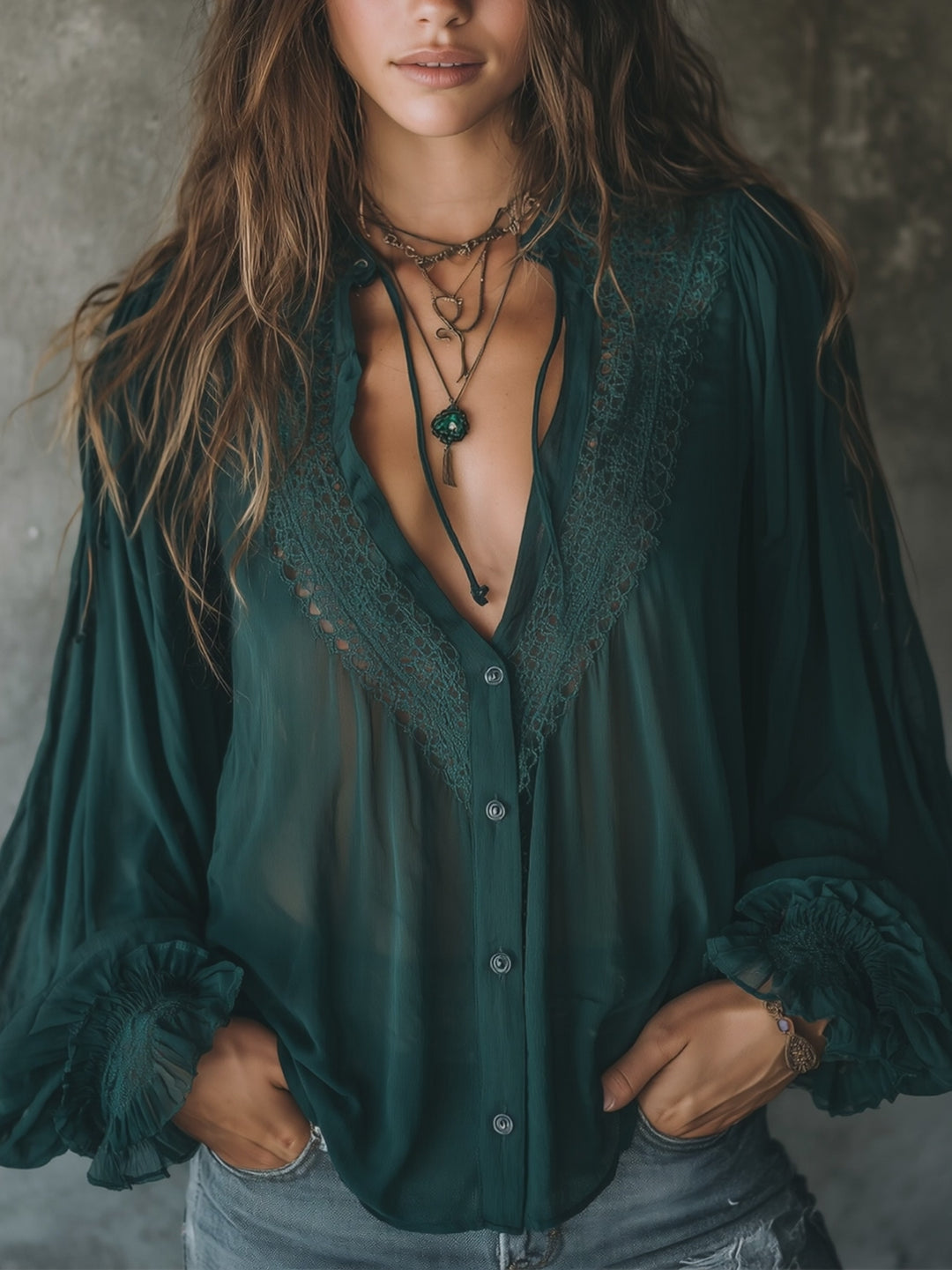 Quiet Luxury Chiffon Lace Splicing Tie Neckline Blouse