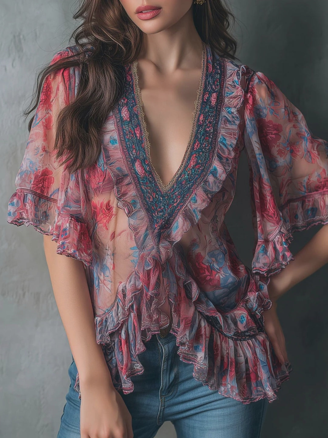 Boho Romantic V-Neck Sheer Floral Print Ruffle Blouse