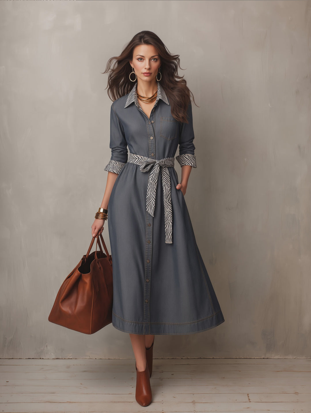 Women's Denim Shirt Dress with Zebra Print Collar & Tie Belt
