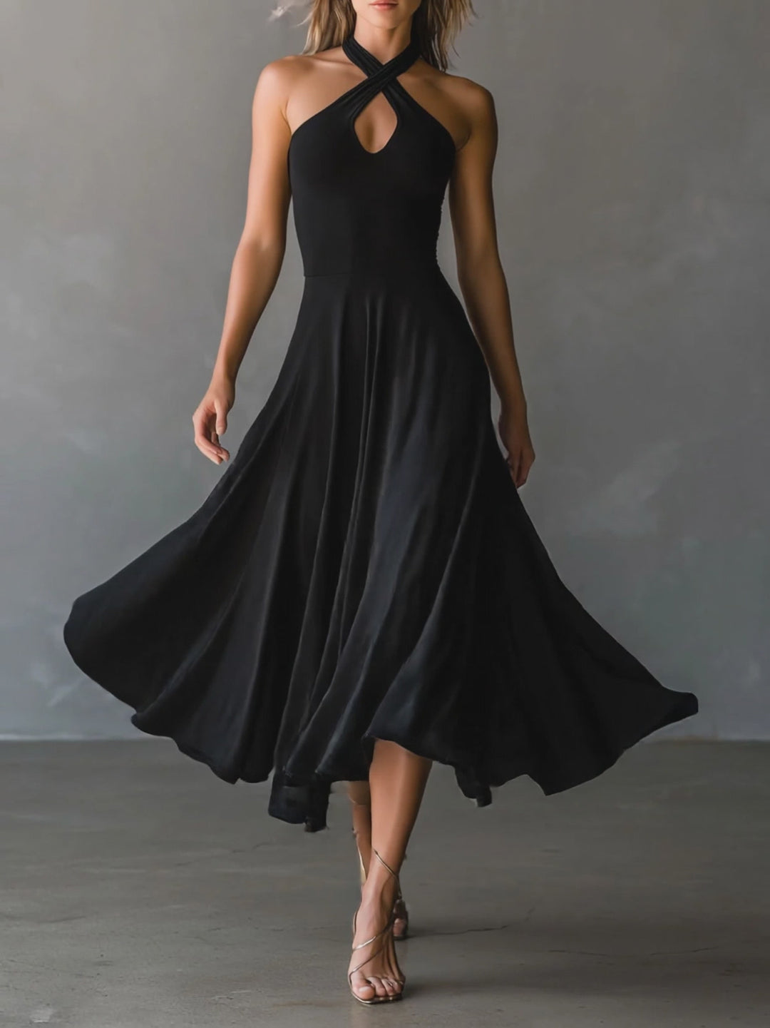 Retro Black Halter Cross Tie-back A-Line Midi Dress