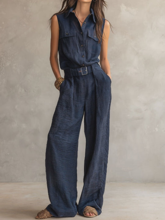 Boho Midnight Slate Texture Belted Utility Jumpsuit