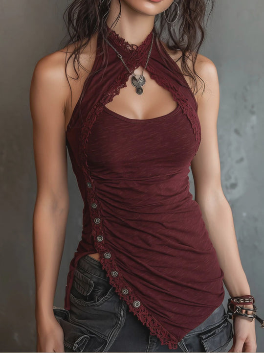 Asymmetric Button Burgundy Lace Halter Tank Top
