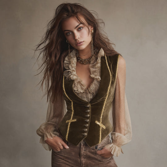 Vintage Olive Green Velvet Fitted Vest With Gold Trim