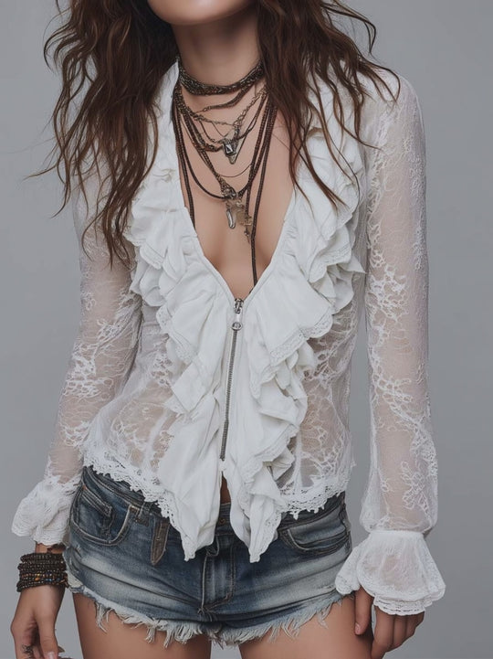 Bohemia White Lace Ruffle Zip Blouse