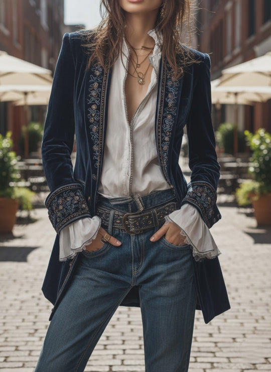 Vintage Navy Polyester Velvet Embroidered Long Jacket