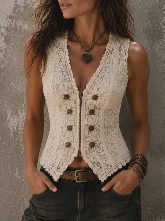 Boho Romantic Cream Floral Lace Double Breasted Corset Vest