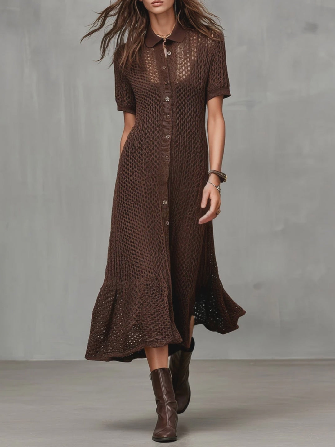 Quiet Luxury Chocolate Brown Crochet Knit Shirt Dress