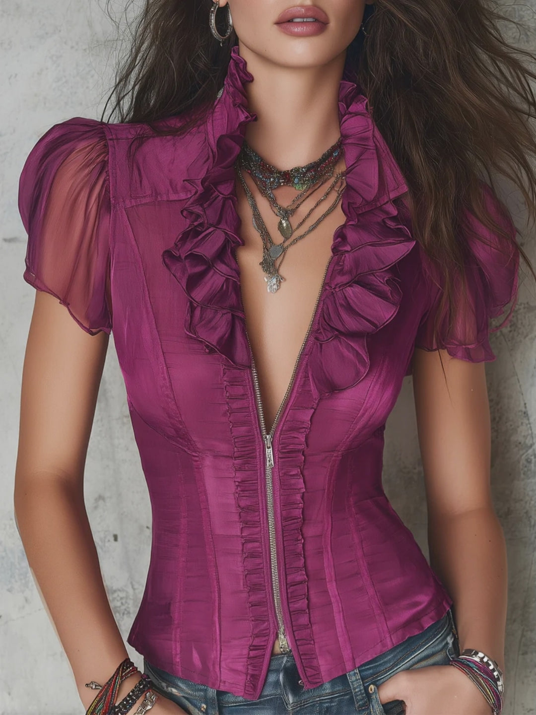 Retro Ruffled Neckline Satin Slim-fit Chiffon Short-sleeved Blouse