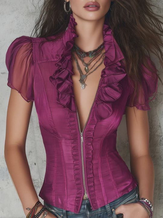 Retro Ruffled Neckline Satin Slim-fit Chiffon Short-sleeved Blouse