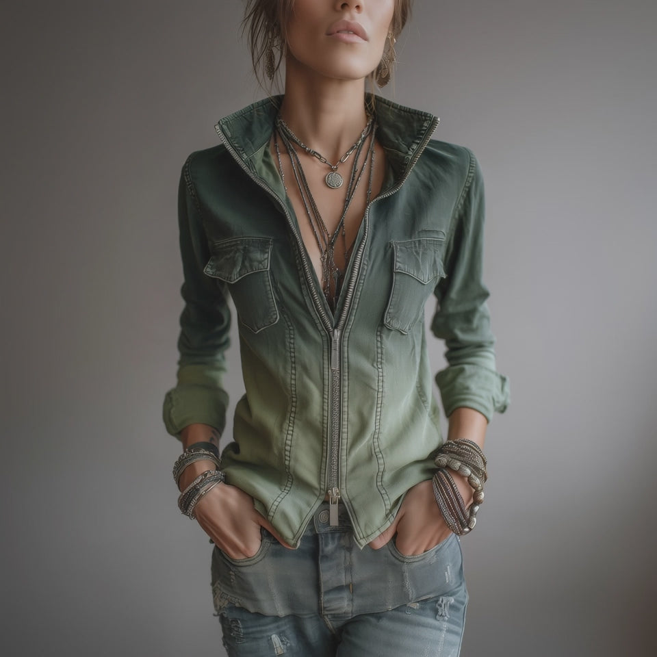 Casual Green Gradient Workwear Pocket Denim Zip-Up Blouse