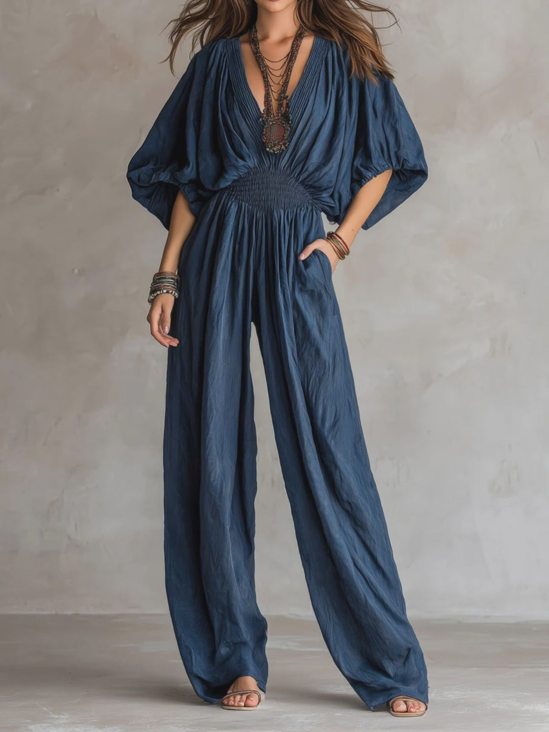 Bohemian Indigo Smocked Waist Jumpsuit